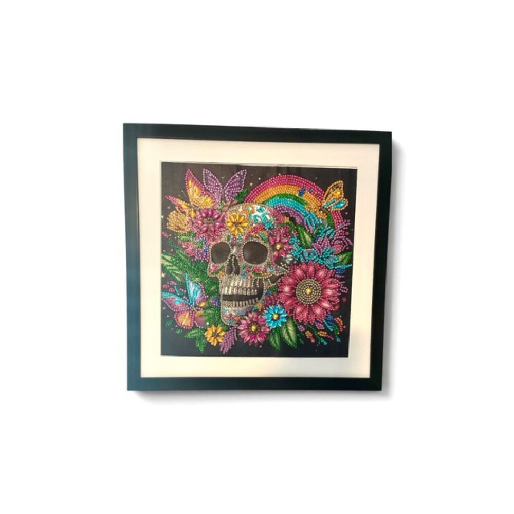 Handmade 5D Diamond Painting Colorful Sugar Skull Rainbow Framed Matted 12x12